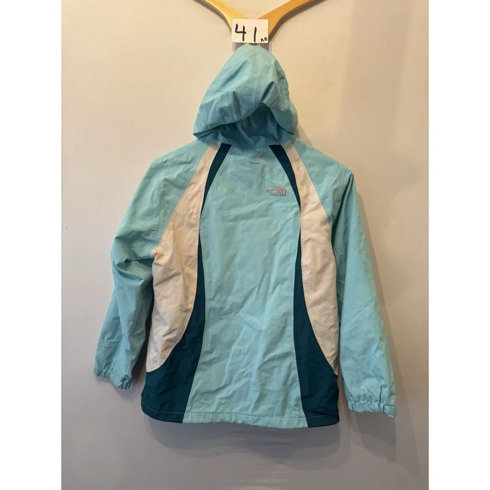 The North Face HyVent Girls L Hooded Full Zip Jacket Pockets Blue/White